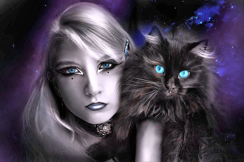 Woman with Black Cat — Purple, Dramatic