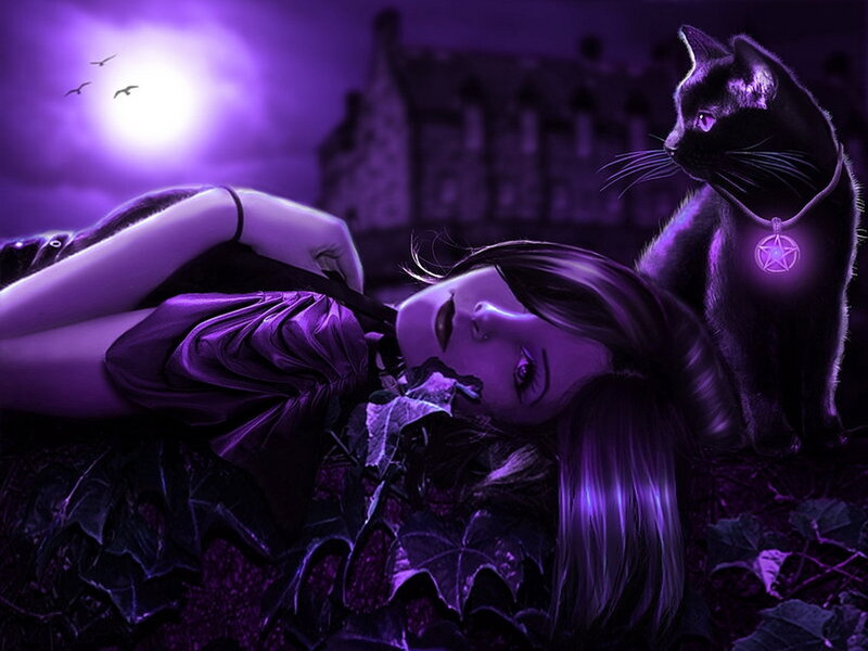 Woman with Black Cat — Purple, Mysterious