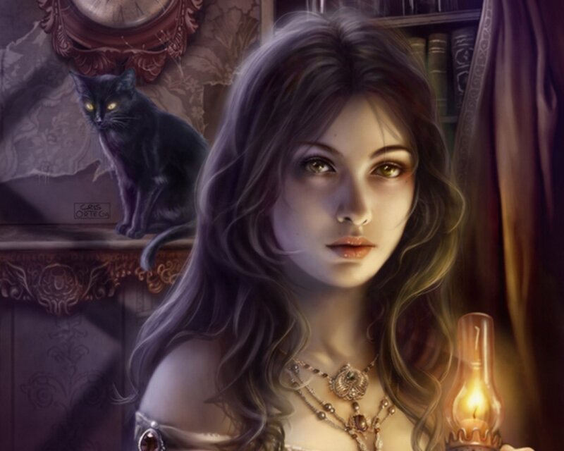 Woman with Black Cat — Purple