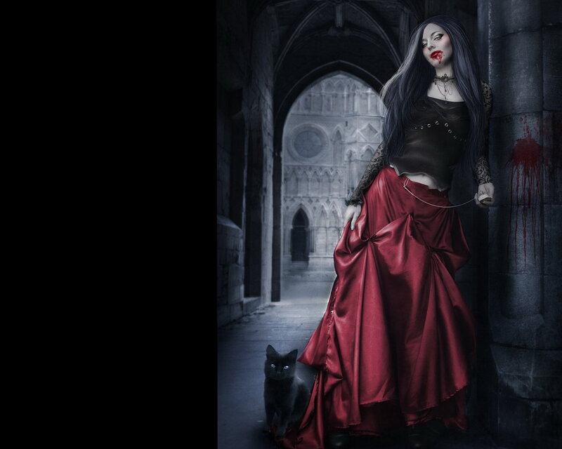 Woman with Black Cat — Red, Dark