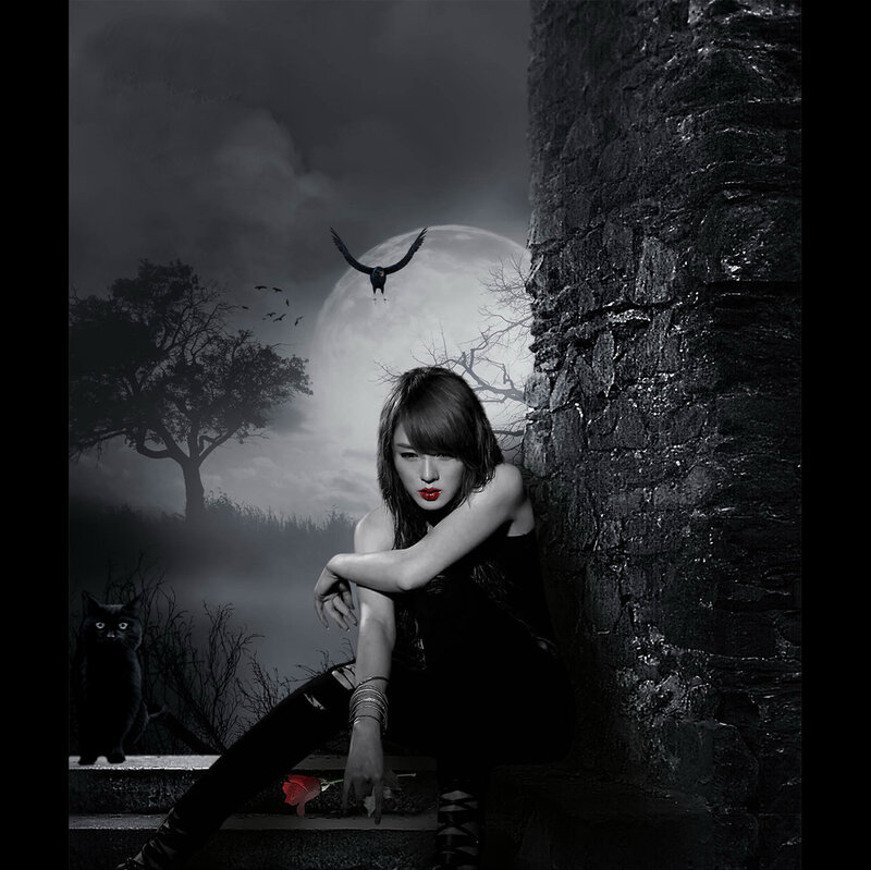 woman with black cat under moon