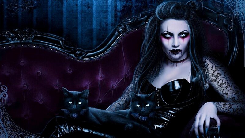 Woman with Black Cats — Blue, Dark