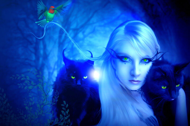 Woman with Black Cats — Blue
