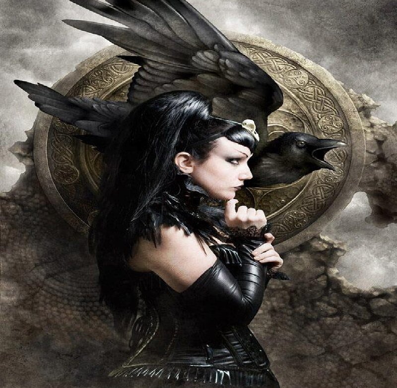 Woman with Black Crow — Dramatic, Digital Art, Shield