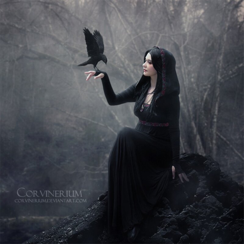 Woman with Black Crow — Dramatic, Digital Art