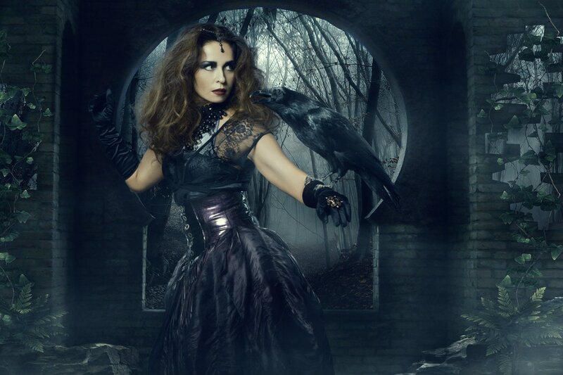 Woman with Black Crow — Dramatic, Night