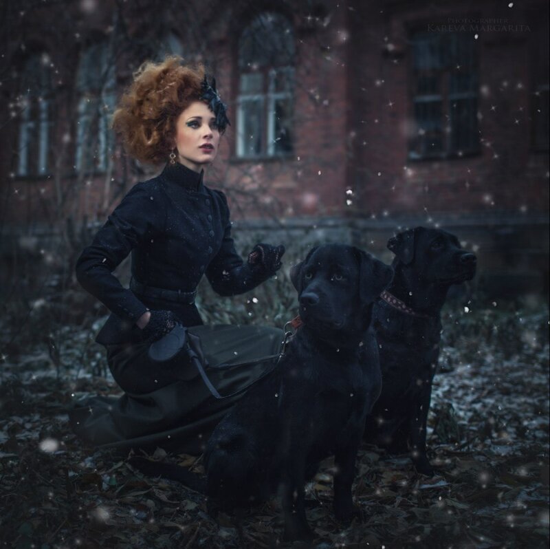 Woman with Black Dogs — Dramatic, Winter