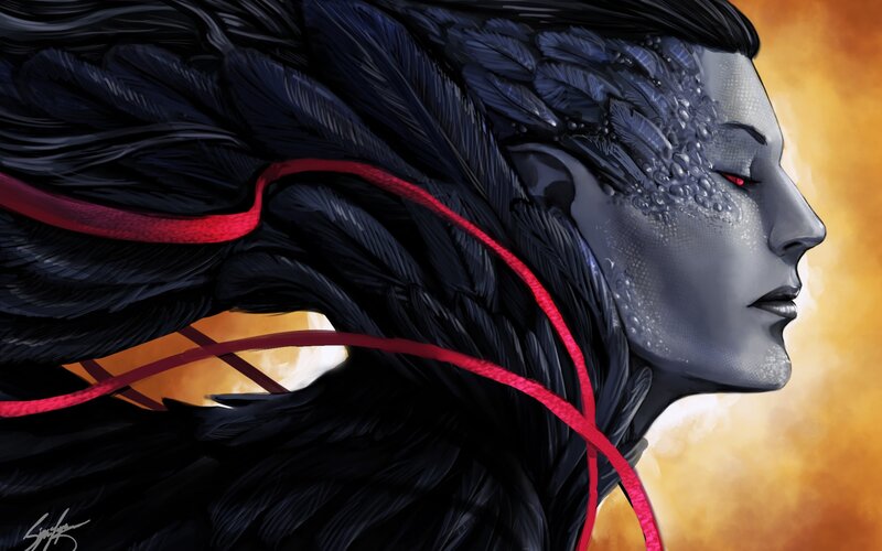 Woman with Black Feathers — Dramatic, Sunset