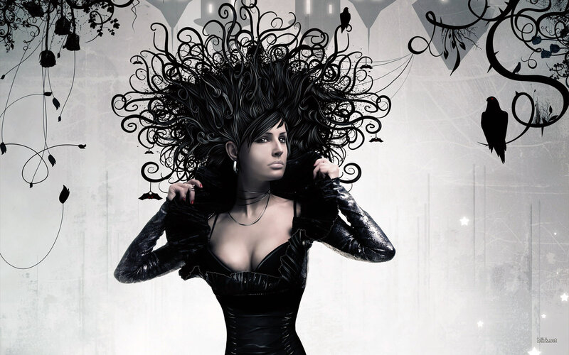 woman with black hair and crows
