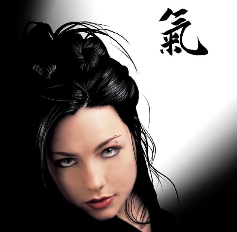 woman with black hair and kanji