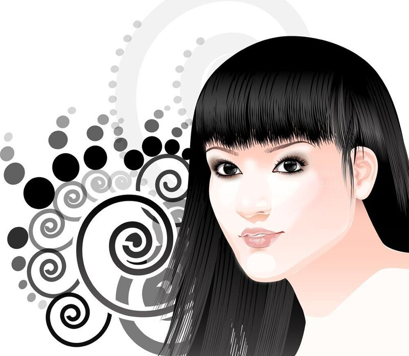 woman with black hair and swirls