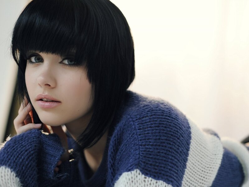 Woman with Black Hair — Blue, Calm, Photograph, Sweater, Bangs