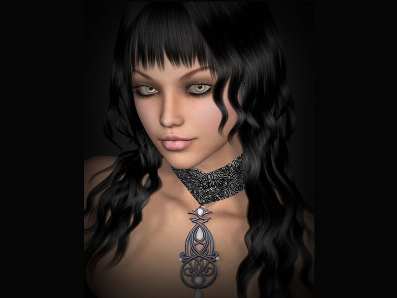 Woman with Black Hair — Dramatic, 3d Render, Necklace