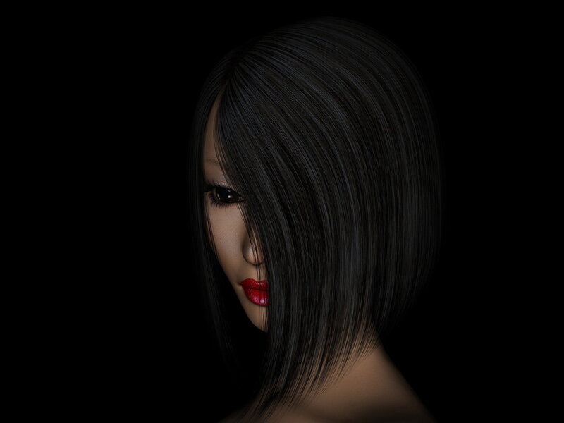 Woman with Black Hair — Dramatic, 3d Render, Red Lips, Black Background
