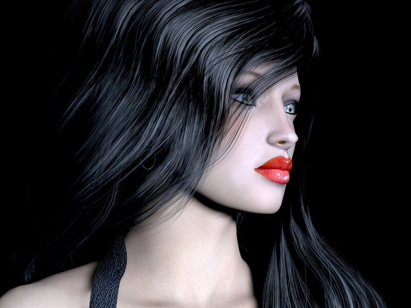 Woman with Black Hair — Dramatic, 3d Render, Red Lipstick