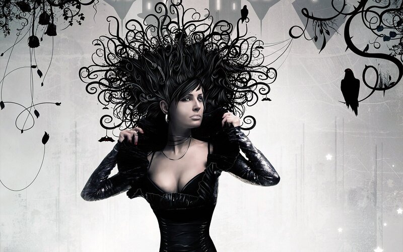 Woman with Black Hair — Dramatic, Digital Art, Birds, Dress