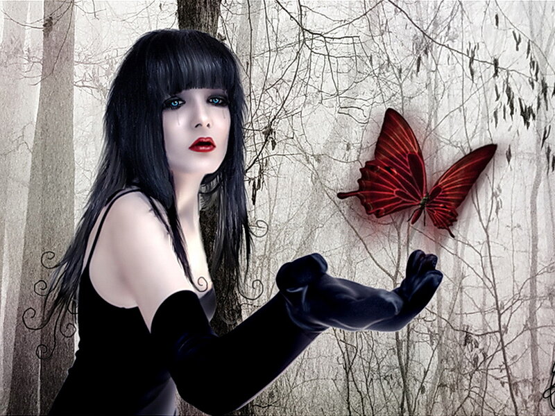Woman with Black Hair — Dramatic, Digital Art, Butterfly, Gloves