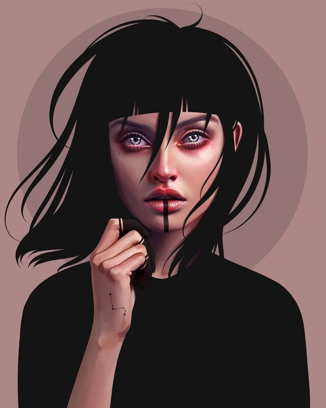 Woman with Black Hair — Dramatic, Digital Art, Hand, Tattoo
