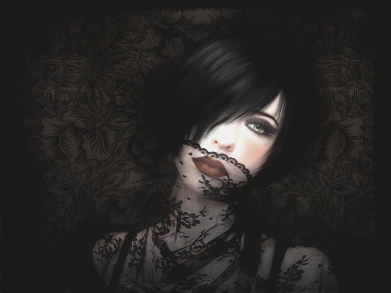 Woman with Black Hair — Dramatic, Digital Art, Lace Mask