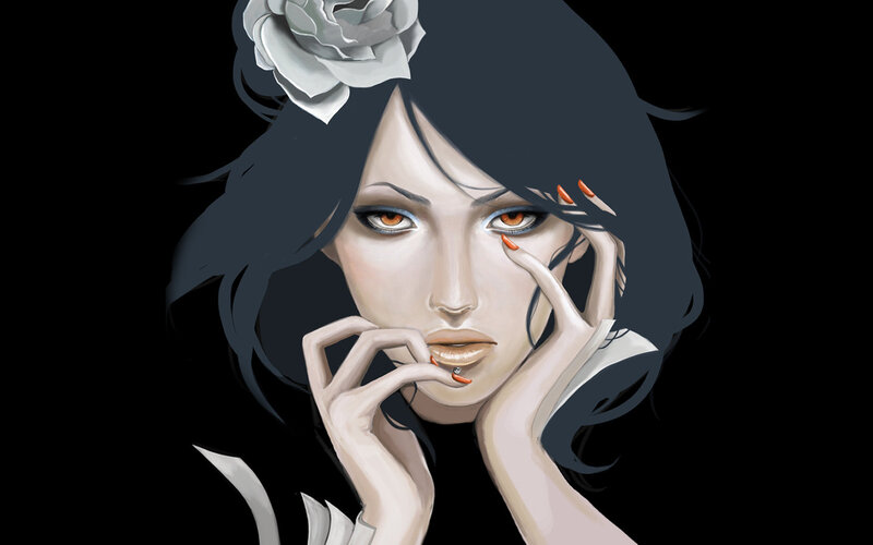 Woman with Black Hair — Dramatic, Digital Art, White Rose, Orange Eyes