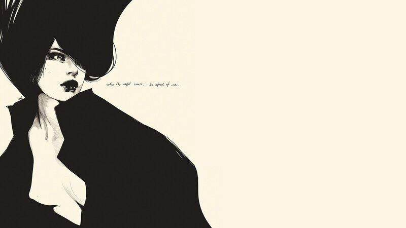 Woman with Black Hair — Dramatic, Illustration, Text