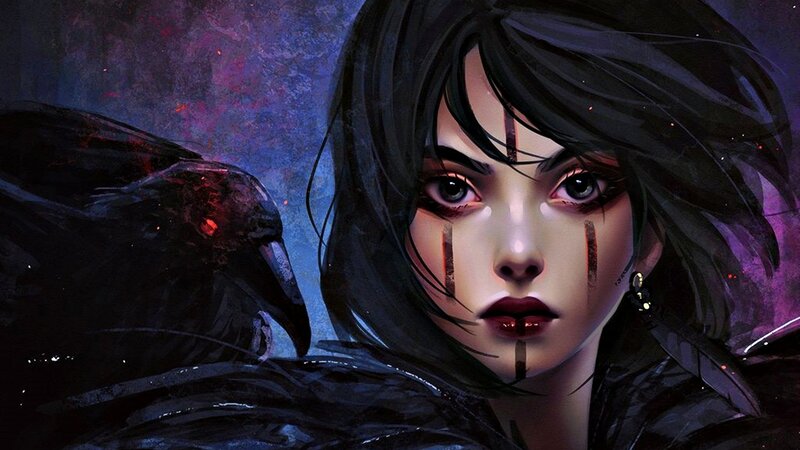 Woman with Black Hair — Dramatic, Night, Digital Art, Crow, Face Paint