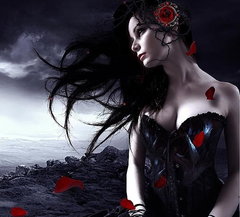 Woman with Black Hair — Dramatic, Night, Digital Art, Red Rose