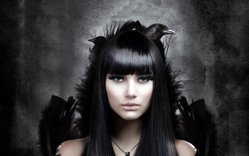 Woman with Black Hair — Dramatic, Photograph, Crows, Feathers