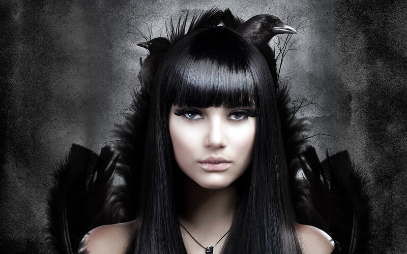 Woman with Black Hair — Dramatic, Photograph, Crows