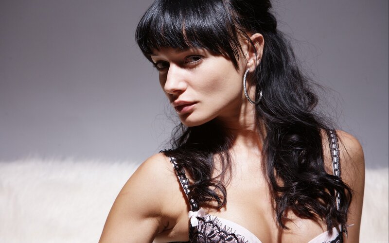 Woman with Black Hair — Dramatic, Photograph, Earring, Bra