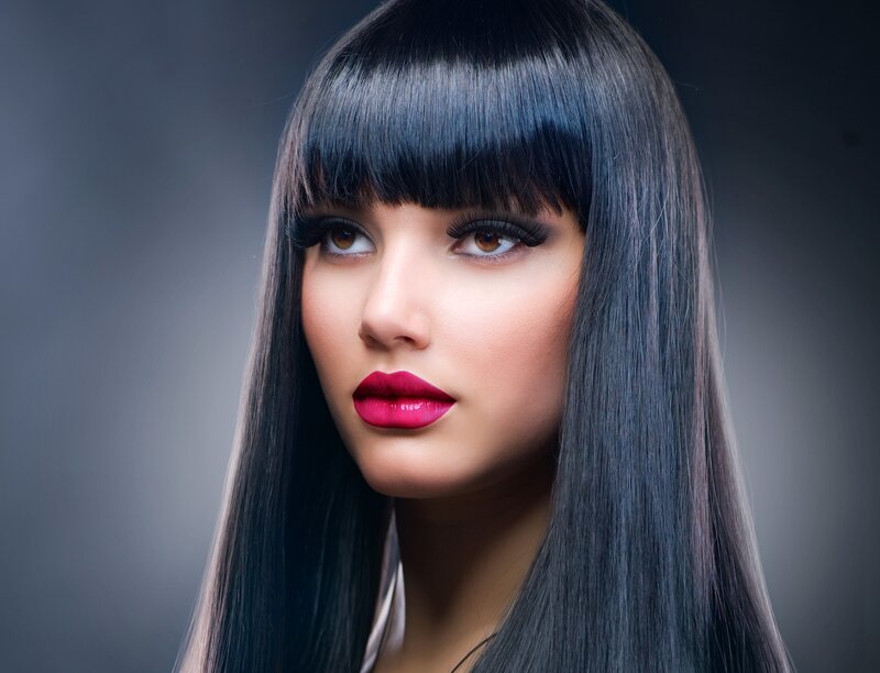 Woman with Black Hair — Dramatic, Photograph, Makeup, Bangs, Lipstick