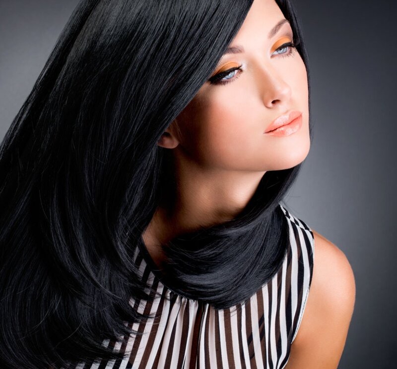 Woman with Black Hair — Dramatic, Photograph, Makeup, Striped Top