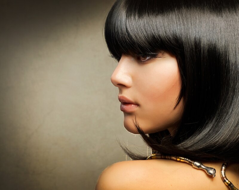 Woman with Black Hair — Dramatic, Photograph, Necklace, Bangs, Brown