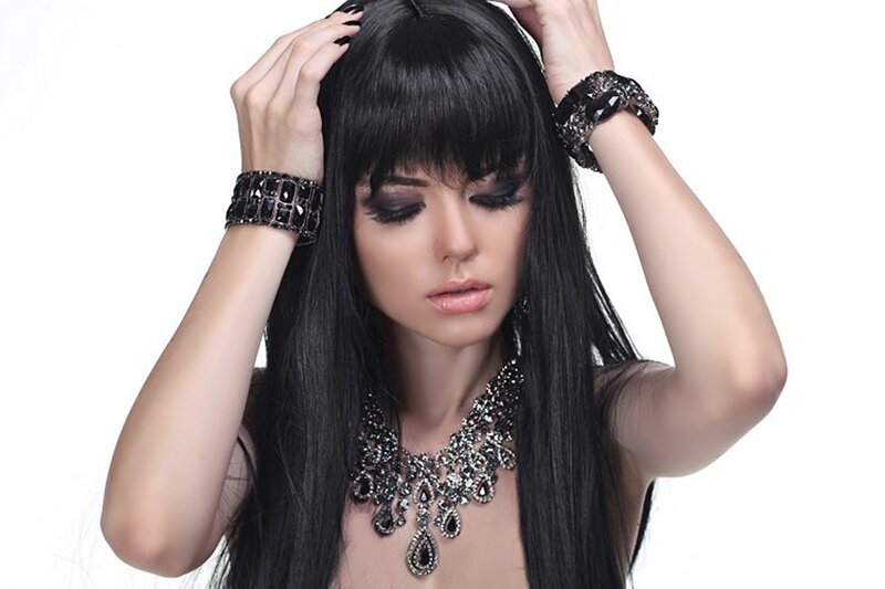 Woman with Black Hair — Dramatic, Photograph, Necklace, Bracelets