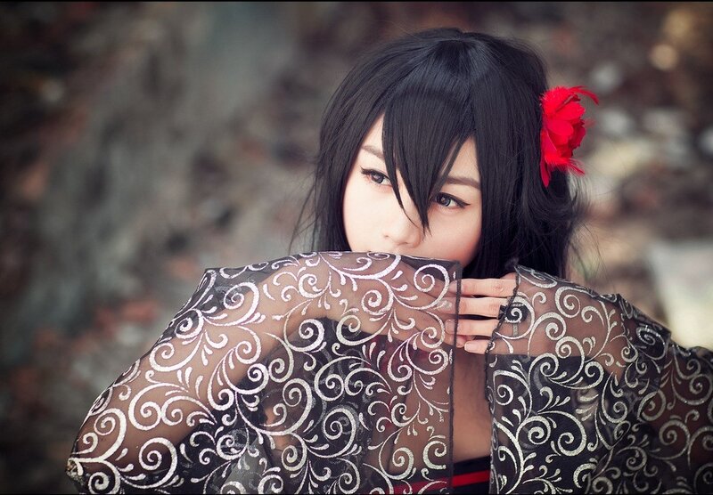 Woman with Black Hair — Dramatic, Photograph, Red Flower