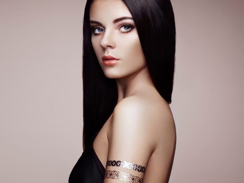 Woman with Black Hair — Dramatic, Photograph, Tattoo, Makeup