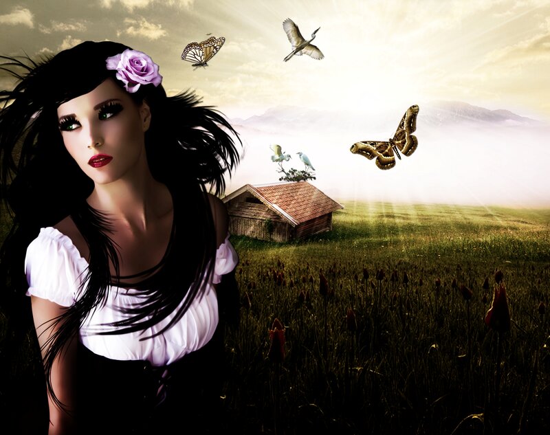 Woman with Black Hair — Green, Serene, Morning