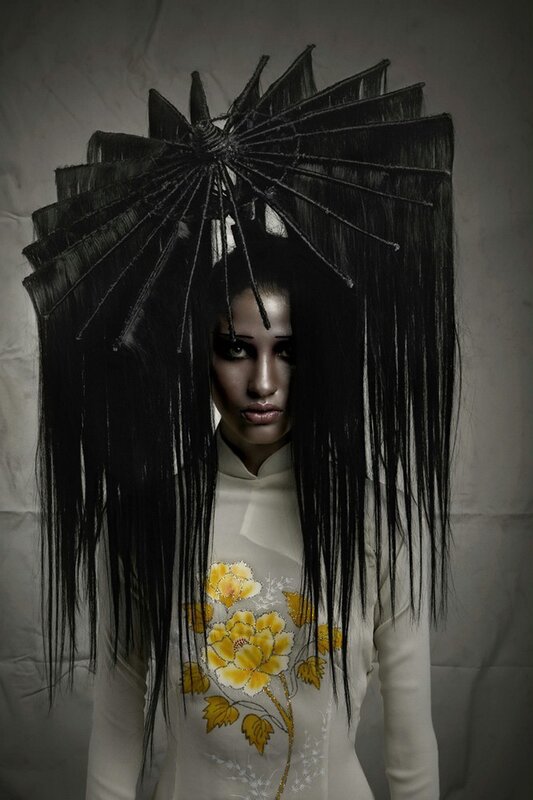 woman with black hair headpiece