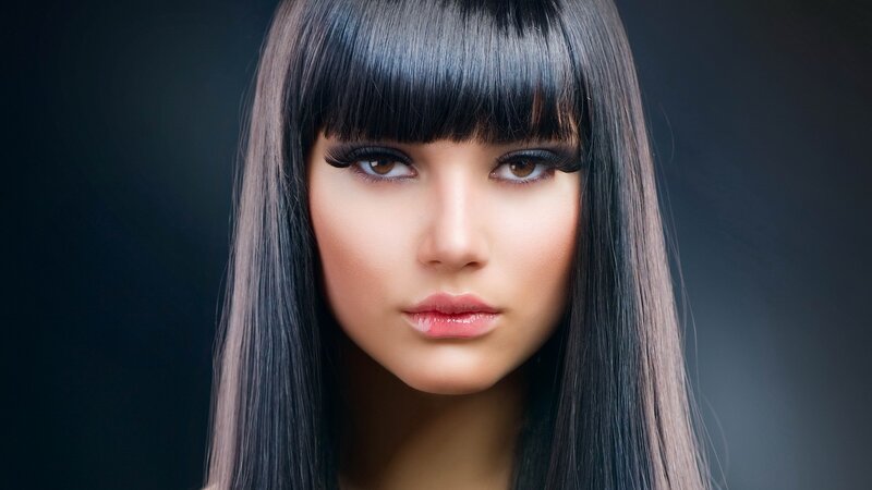 Woman with Black Hair — Neutral, Photograph, Bangs, Makeup