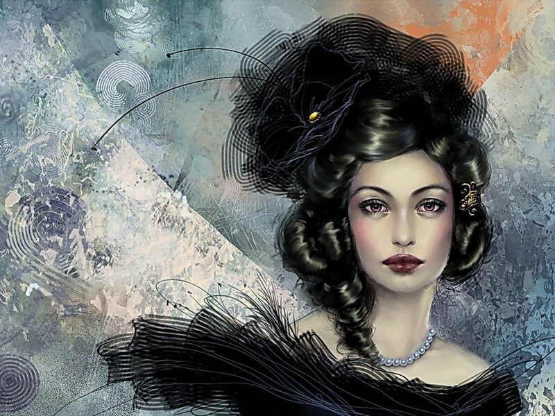 Woman with Black Hat — Dramatic, Digital Art, Necklace