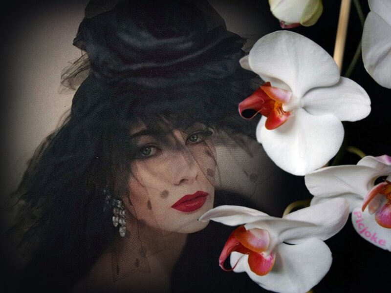 Woman with Black Hat — Dramatic, Photograph, White Orchids