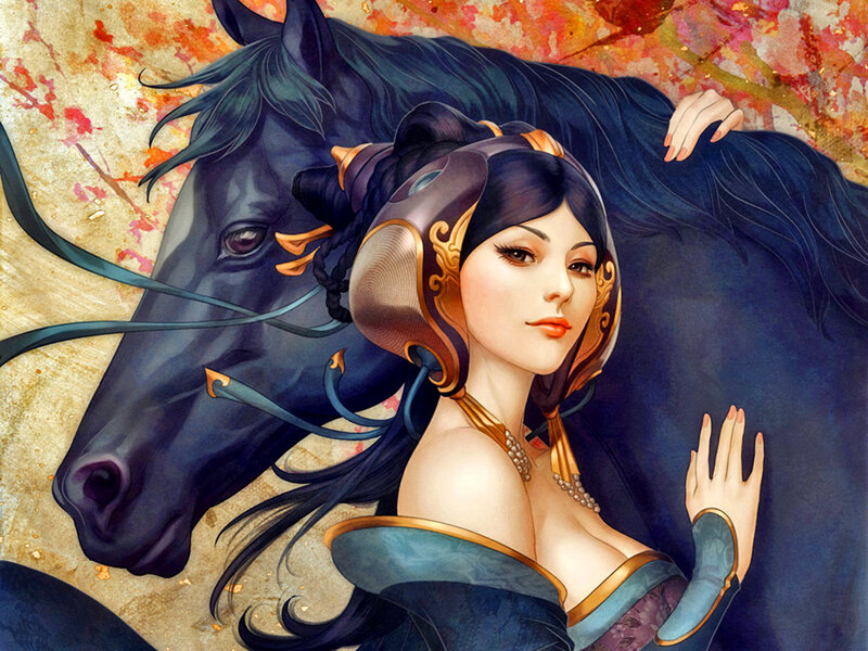 Woman with Black Horse — Blue, Dramatic