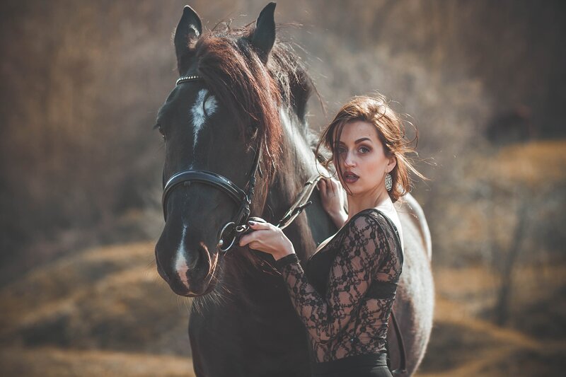 Woman with Black Horse — Brown, Dramatic