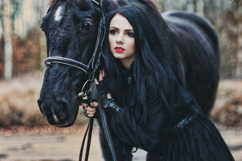 Woman with Black Horse — Dramatic, Autumn