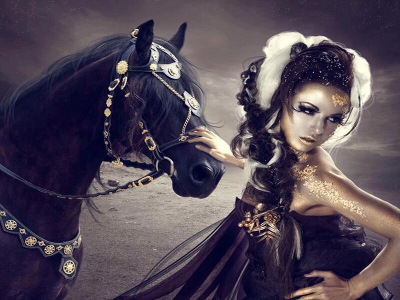 Woman with Black Horse — Dramatic, Digital Art