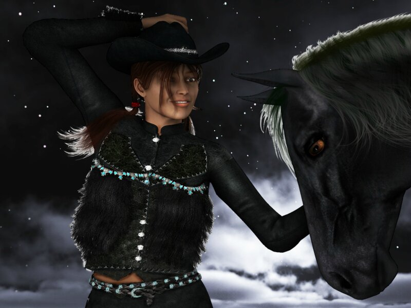 Woman with Black Horse — Dramatic, Night, 3d Render