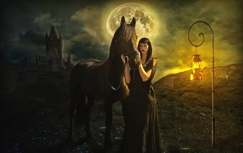 Woman with Black Horse — Dramatic, Night, Digital Art, Moon