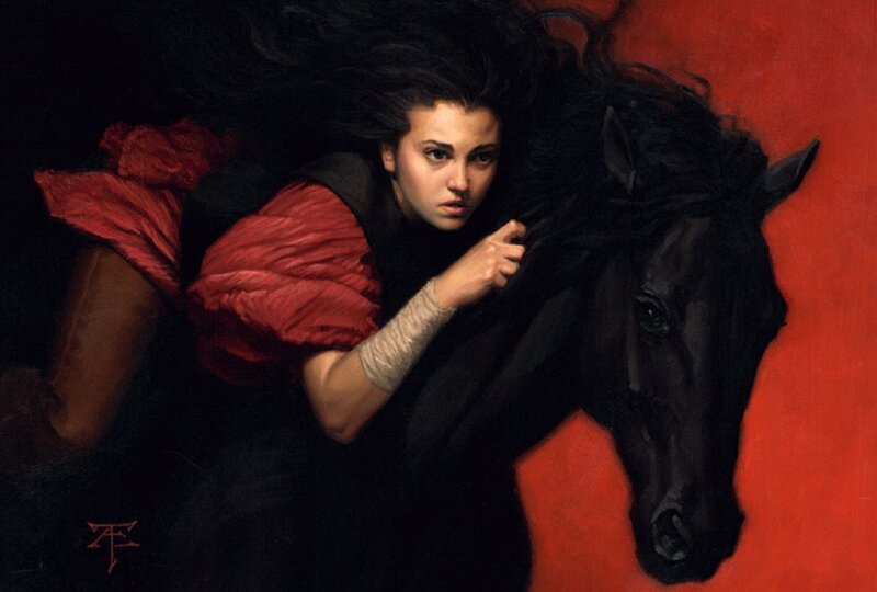 Woman with Black Horse — Dramatic, Painting