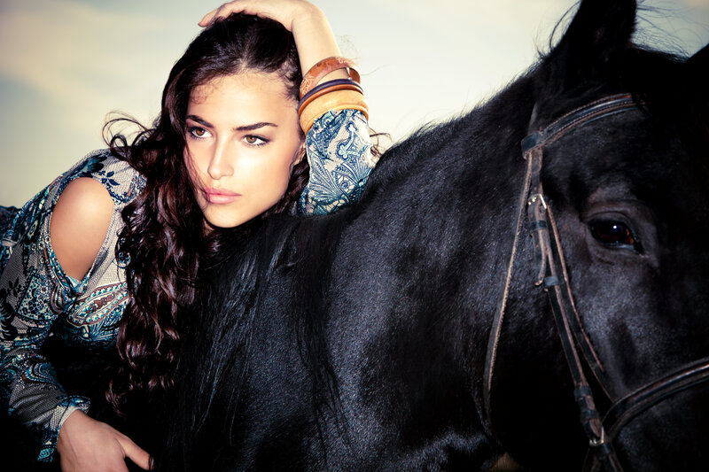 Woman with Black Horse — Dramatic, Photograph, Bracelets