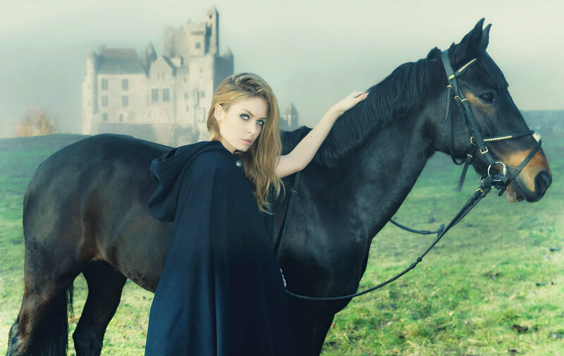Woman with Black Horse — Dramatic, Photograph, Castle